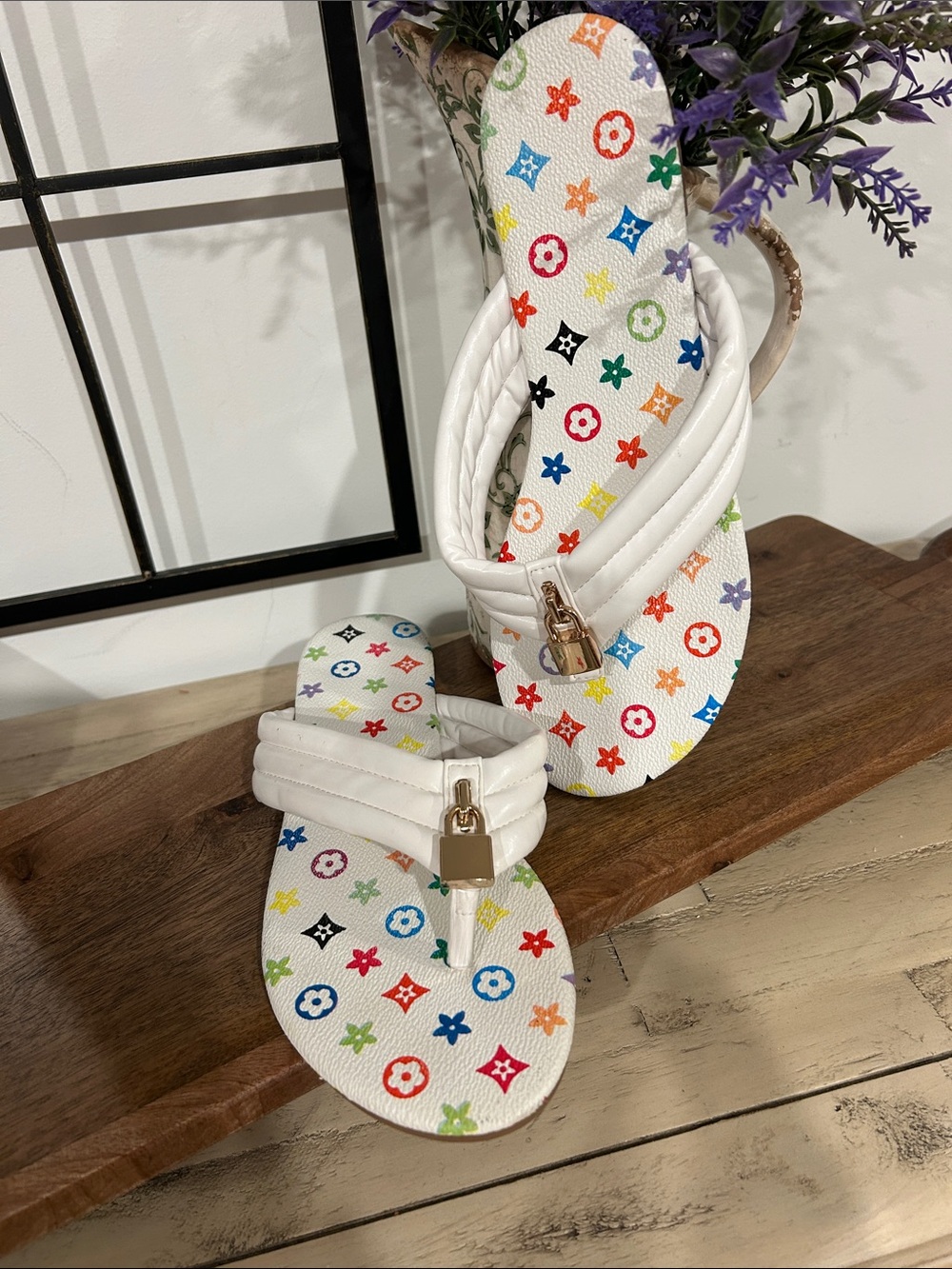 White Multicolor Patterned Women's Padlock Thong Sandals
